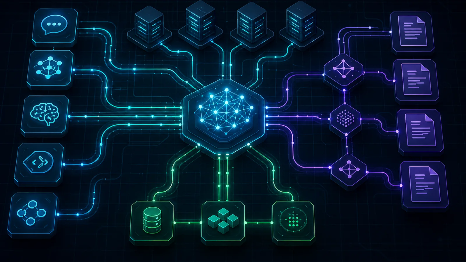 MCP tools and document pipelines represented as a luminous routing graph